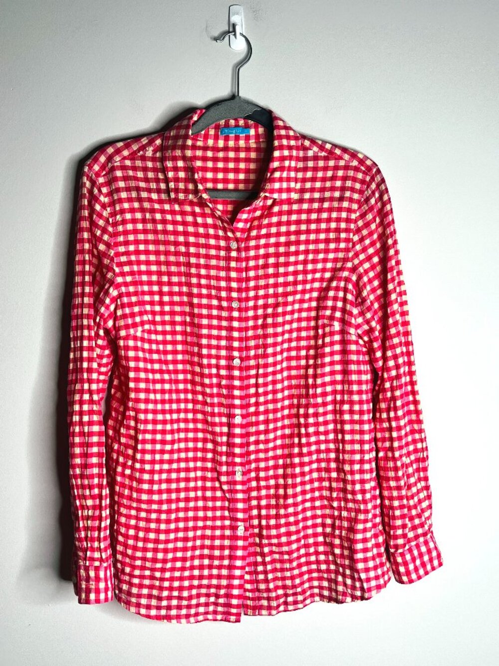 J. McLaughlin Bright Pink Gingham Button-Up Western Fall Transition Preppy Sz M